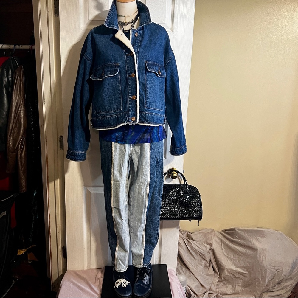 New Kensie Wms‎ Vintage Luxe Denim Crop  Pocket Fleece Trim Y2K Trucker Jacket L